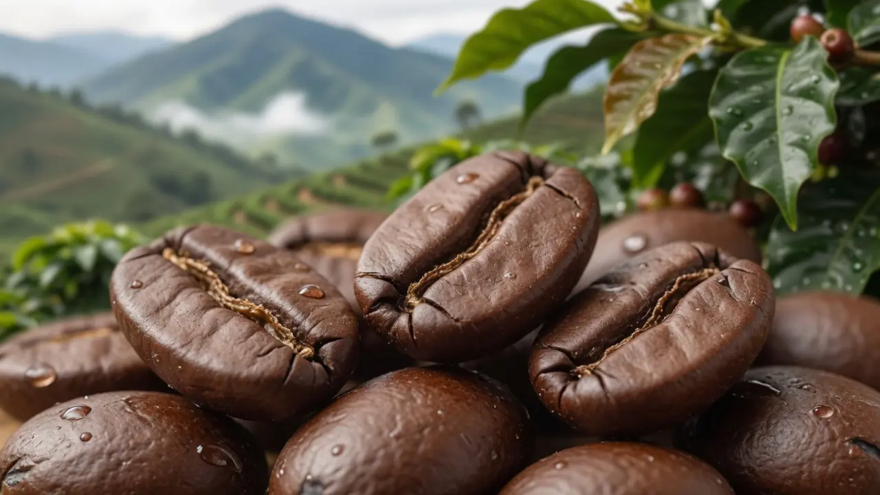 Granos de café Arabica enteros frescos en macro