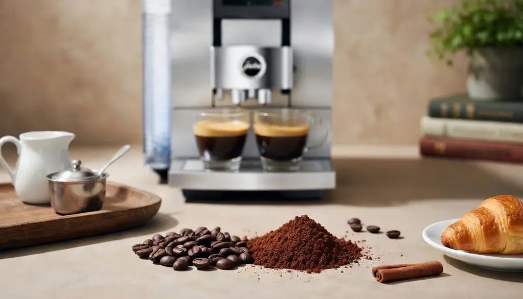 Mujer usando cafetera superautomática en cocina